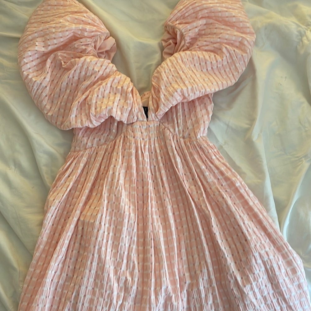 ASOS LUXE bubble babydoll mini dress textured pink with puff sleeves